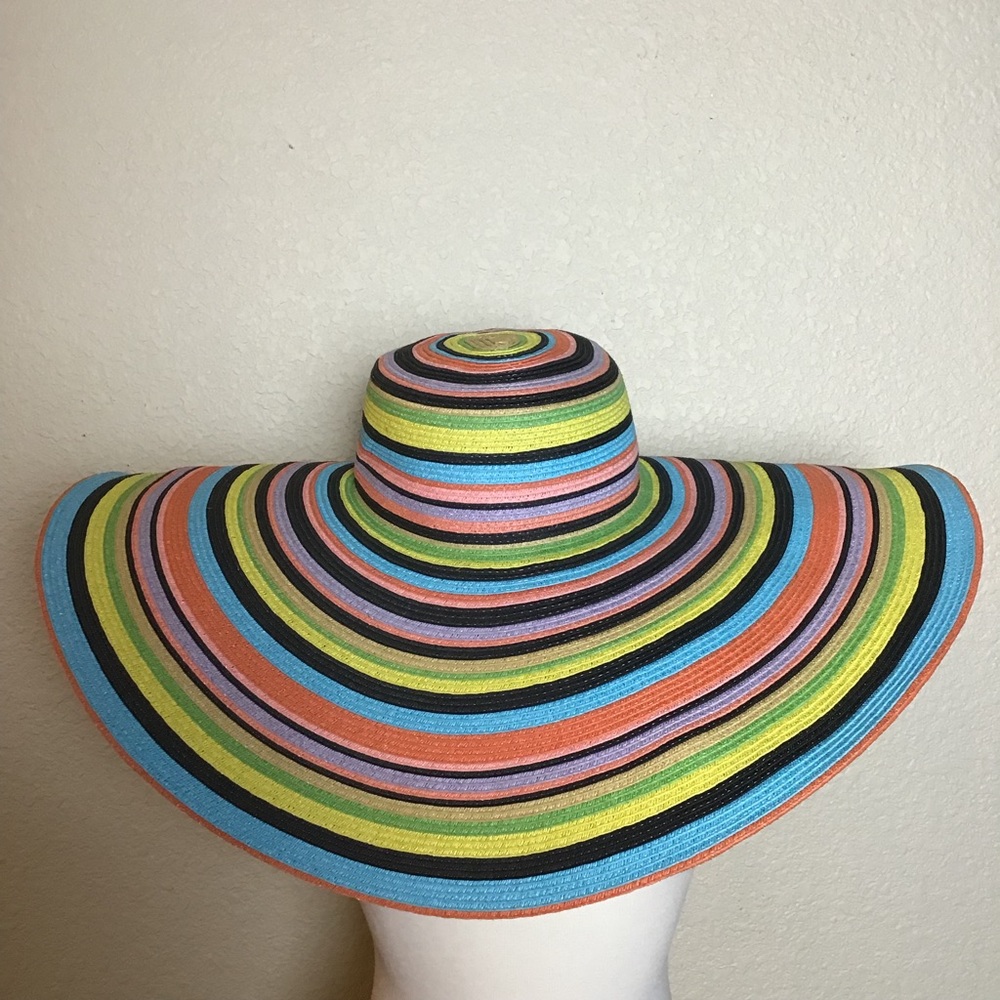 Oversized floppy beach hat rainbow stripes